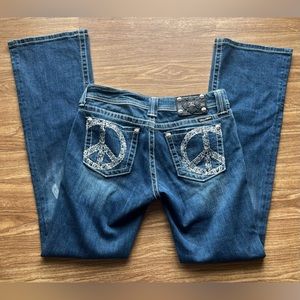 Miss Me Peace Sign Boot Cut Jeans | Miss Me Peace Sign Rhinestones | 🩵💎🤍